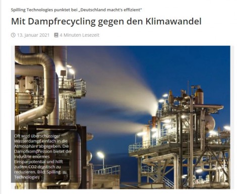 Screenshot des Beitrags "Mit Dampfrecycling gegen den Klimawandel" bei Prozesstechnik online 